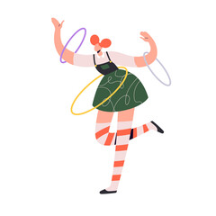 Wall Mural - Circus performer swirling multiple hula hoops. Female artist in costume performing at entertainment carnival show. Entertainer at performance. Flat vector illustration isolated on white background