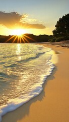 Poster - Golden Hour Serenity Tranquil Beach Scene with Gentle Waves at Sunset, Copyspace for Text