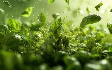 Wall Mural - A vibrant pesto sauce burst with green liquid droplets flying in motion.
