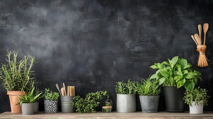 Wall Mural - Assortment of fresh aromatic herbs and spices such as rosemary basil thyme and mint displayed in decorative ceramic pots against a dark textured background  This image conveys a concept of healthy