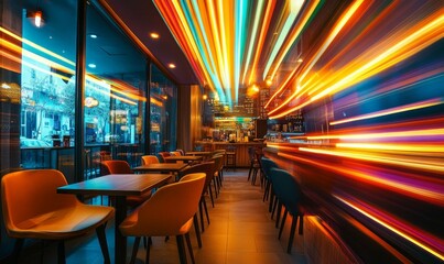 Wall Mural - Cafe interior with moving light streaks.