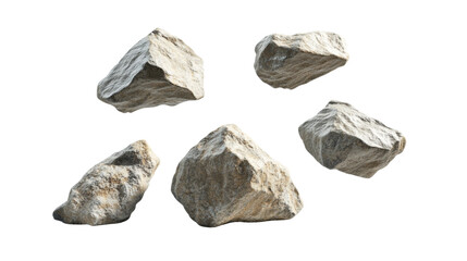 Poster - The image shows five irregularly shaped, light-grey rocks seemingly floating against a black background.