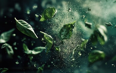 Wall Mural - Dried basil leaves mid-air with faint green dust.