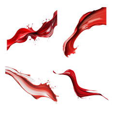Wall Mural - The image showcases four dynamic abstract compositions of red liquid splashes and flows against a white background.