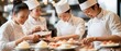 © niti - Diverse team of five staff plating desserts with precision in a spacious, modern restaurant with bold interior elements