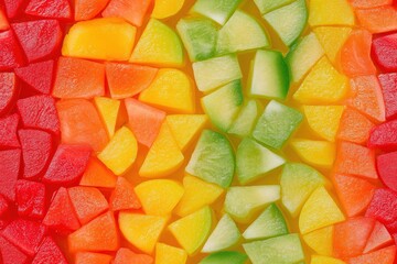 Wall Mural - A vibrant mosaic of diced fruits including watermelon, cantaloupe, honeydew, and other colorful fruits arranged in a visually appealing pattern.