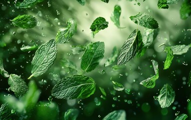 Wall Mural - Mint leaves swirling in mid-air with vibrant green splashes.