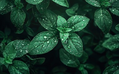 Wall Mural - Oregano leaves with light green droplets scattering around.