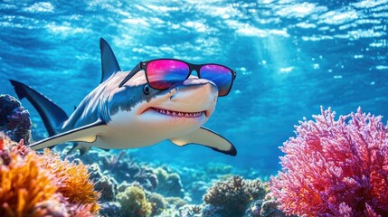 Poster - A joyful shark sporting sunglasses, set against a vivid underwater scene filled with bright corals and gentle waves.