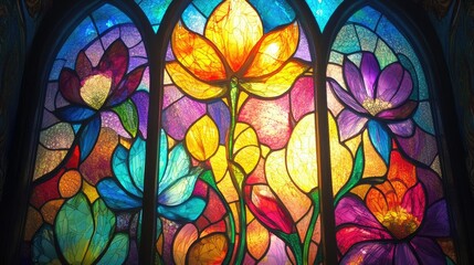 Sticker - A luminous stained-glass window with vibrant floral designs, showcasing intricate patterns and glowing colors