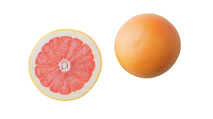 Canvas Print - A slice of grapefruit is shown next to a whole grapefruit isolated on white background, top view, PNG transparent background