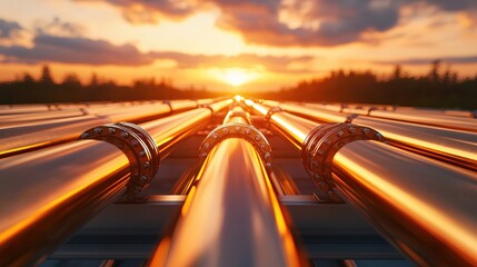 Aufkleber - Golden pipes stretch toward a vibrant sunset sky industrial infrastructure energy transport