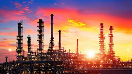Aufkleber - Industrial plant at sunset with vivid red and orange sky and bright lights illuminating the scene