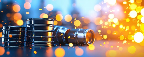 Aufkleber - Metal rings on reflective surface with bokeh effect and falling particles in blue and orange tones