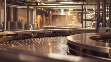 Aufkleber - Industrial conveyor belt system in a factory with warm lighting and a metallic surface
