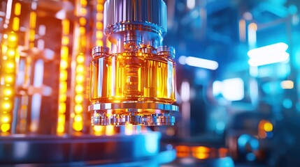 Poster - Abstract metallic machine part with orange and blue lights in a futuristic industrial setting