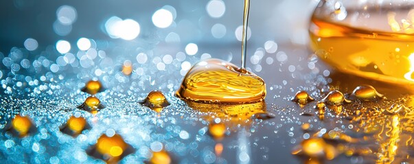 Poster - Golden liquid drops on a reflective surface with bokeh background creating a dreamy effect