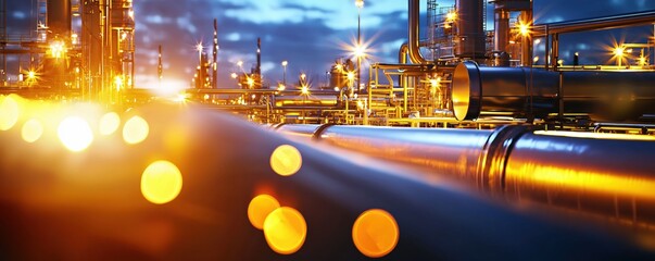 Aufkleber - Industrial plant at night with glowing lights and pipes under a dark blue sky with bokeh