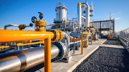 Aufkleber - Industrial plant with bright yellow pipes and silver tanks under a clear blue sky