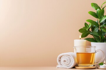 Aufkleber - Spa still life with tea candles towel and plant against a peach background for peaceful relaxation