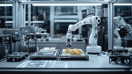 Aufkleber - Robotic arm in food production line processing cookies in a modern industrial setting