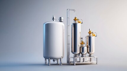 Aufkleber - Industrial tanks and pipes on a light background in a studio setting with clean lines and bright light