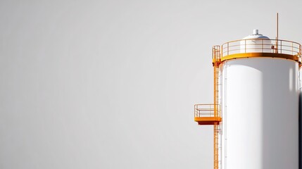 Aufkleber - White industrial tank with orange railings and ladder against a plain light gray background