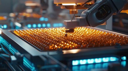 Poster - Robotic arm working on tray of golden capsules in a modern factory with blue lights