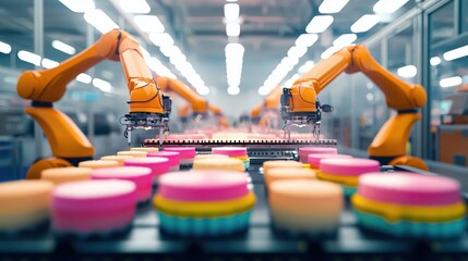Poster - Automated production line with robotic arms handling colorful containers in a factory setting