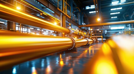 Aufkleber - Industrial gold pipes in a factory with blue metal beams and bright lights at night