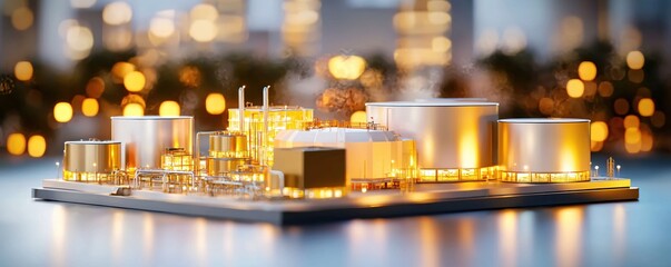 Aufkleber - Miniature Industrial Plant Model with City Lights in Background on a Reflective Surface