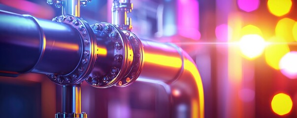 Aufkleber - Metal pipes with bolts and bokeh lights in a futuristic industrial setting with vibrant colors