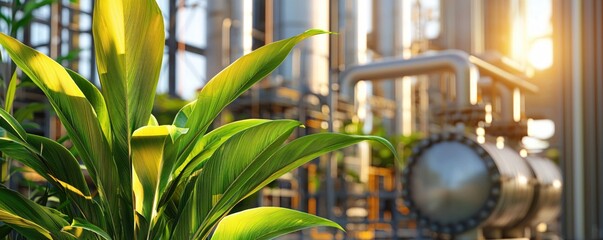 Aufkleber - Lush Green Leaves in Foreground with Industrial Plant and Sun Flare in Soft Focus Background