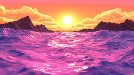 Poster - Pink ocean waves at sunset with mountains and clouds in the background in a fantasy style