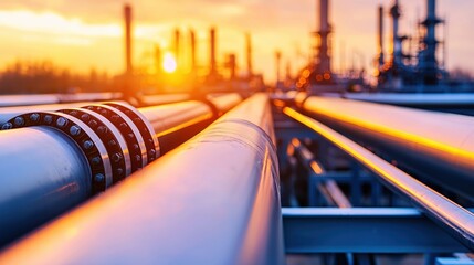 Aufkleber - Industrial pipes at sunset with warm light and blurred factory background creating a sense of scale