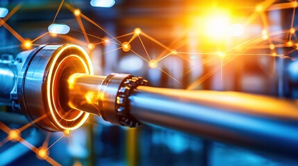 Poster - Industrial machinery with glowing orange network lines and bright light in blue background