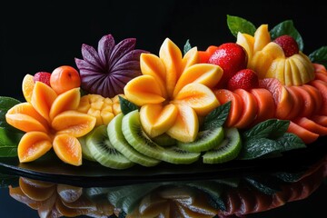 Wall Mural - masterpieces of serving fruits on the table, artistic fruit carving, professional photography in studio --ar 3:2 --v 6.1 Job ID: 307c3cd3-c9dc-426f-bb0a-080d3f93622a