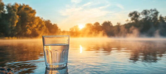 Wall Mural - Glass Of Clean Water On The Background Of Misty Lake At Dawn. Space For Text, Soft Focus