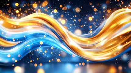Vibrant blue and gold abstract light waves with bokeh background