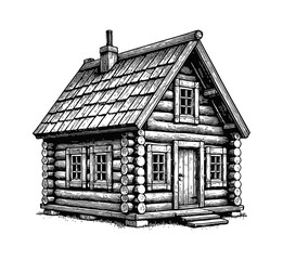 Wall Mural - small log cabin engraving black and white outline
