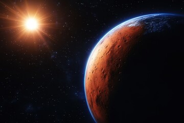 Wall Mural - mars sunrise, space exploration, sunlit planet, cosmic background, science fiction