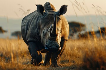 Poster - Powerful white rhinoceros is walking in the savannah at sunset