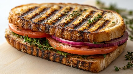 Canvas Print - Grilled sandwich with fresh tomatoes and onions on a wooden board, garnished with herbs