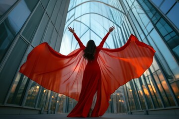 Poster - Woman in red dress raises arms with flowing fabric.