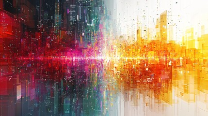 Sticker - abstract futuristic cityscape vibrant digital metropolis red and orange hues technology background
