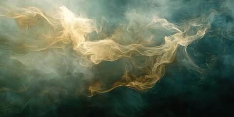 Golden smoke swirls in misty blue background.