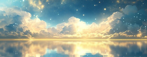 Wall Mural - beautiful fantasy background with white clouds in the sky, stars and reflections on the water