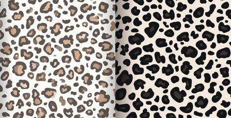 Seamless pattern set with hand-drawn brush strokes, depicting an abstract animal skin print and leopard-spotted fur imitation background.