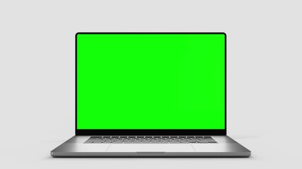 Wall Mural - Laptop with a blank green screen – the computer falls down, bounces off the surface, and opens its display with a camera move forward. Chroma key, luma matte mask, screen tracking layer applied.