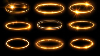 Wall Mural - golden light rings abstract background oval glowing neon energy sparkle design